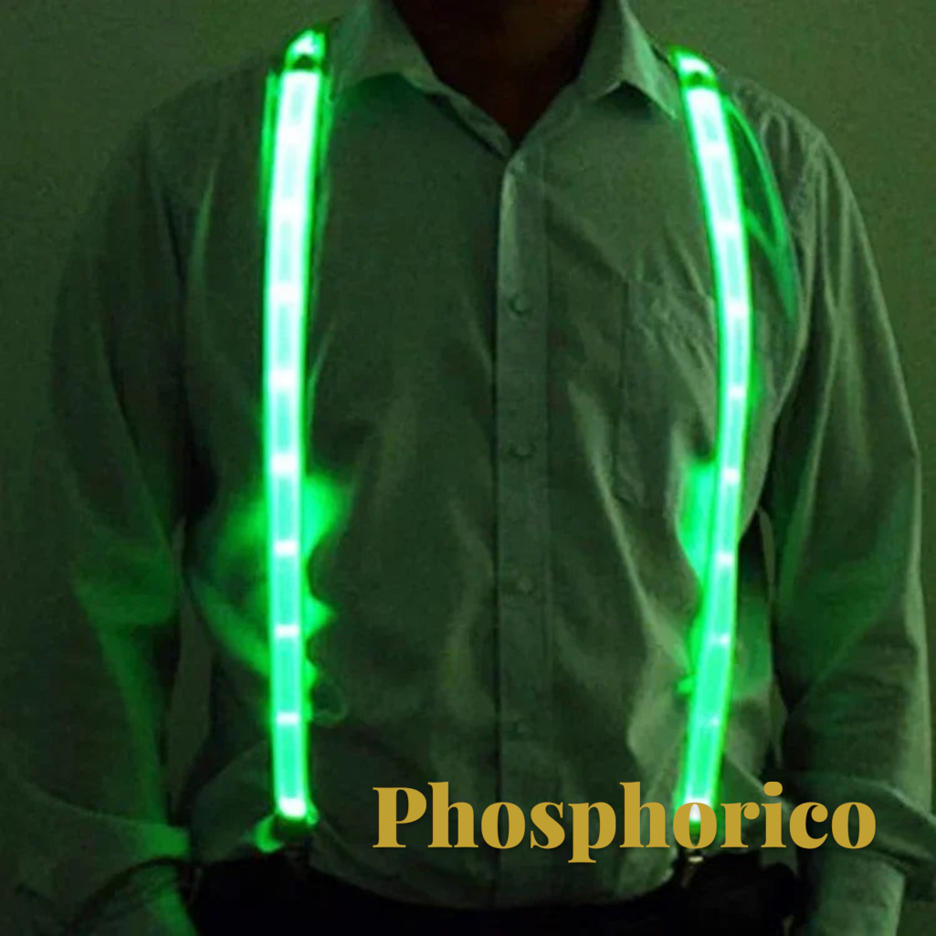 Gr8est Phosphorico green LED light-up suspenders worn over a shirt for raves and parties