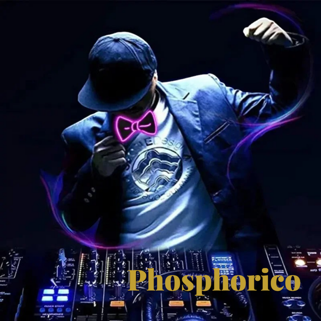 Gr8est Phosphorico LED light-up bow tie glowing pink on a DJ at a concert with dark background