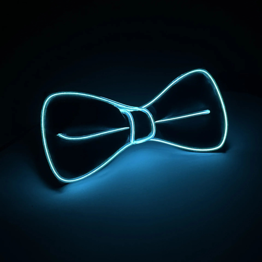 Gr8est Phosphorico LED light-up bow tie glowing in bright cyan for raves and parties