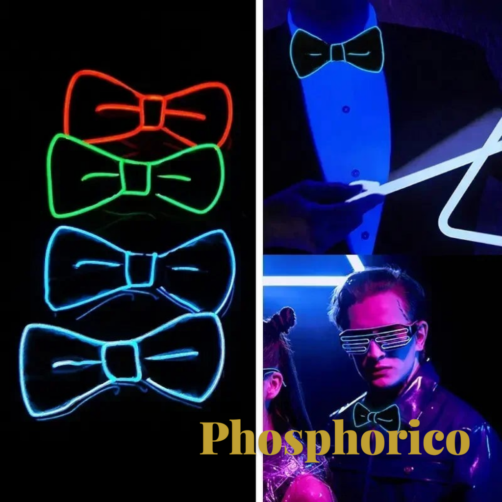 Gr8est Phosphorico LED light-up bow ties and suspenders in red, green, and blue for raves and parties.