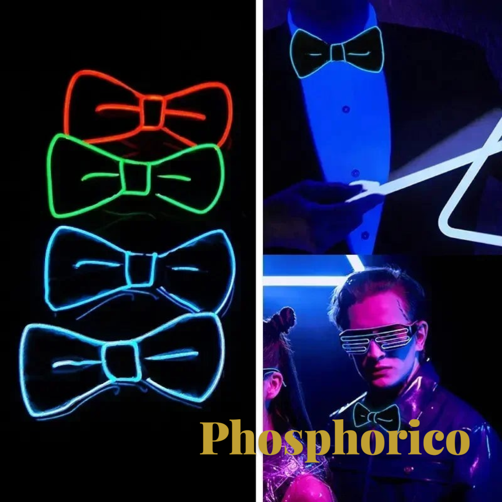 Gr8est Phosphorico LED light-up bow ties and suspenders in red, green, and blue for raves and parties.