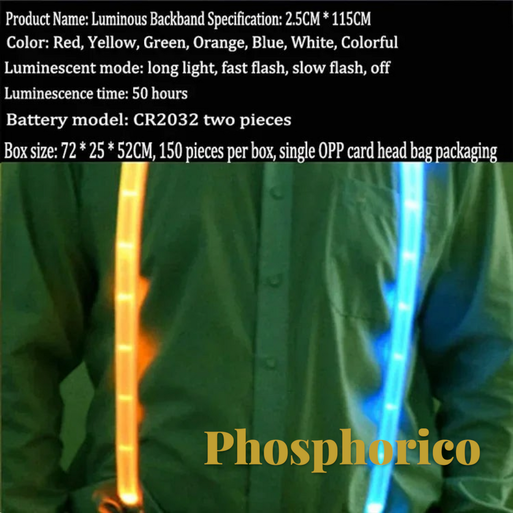Gr8est Phosphorico LED light-up suspenders in orange and blue worn over a shirt for raves and parties