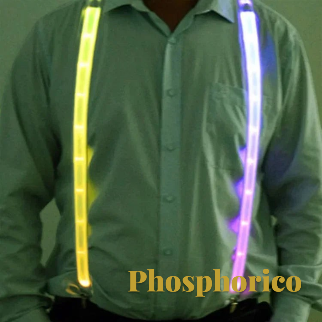 Gr8est Phosphorico LED light-up suspenders in yellow and purple glowing on a person wearing a light shirt