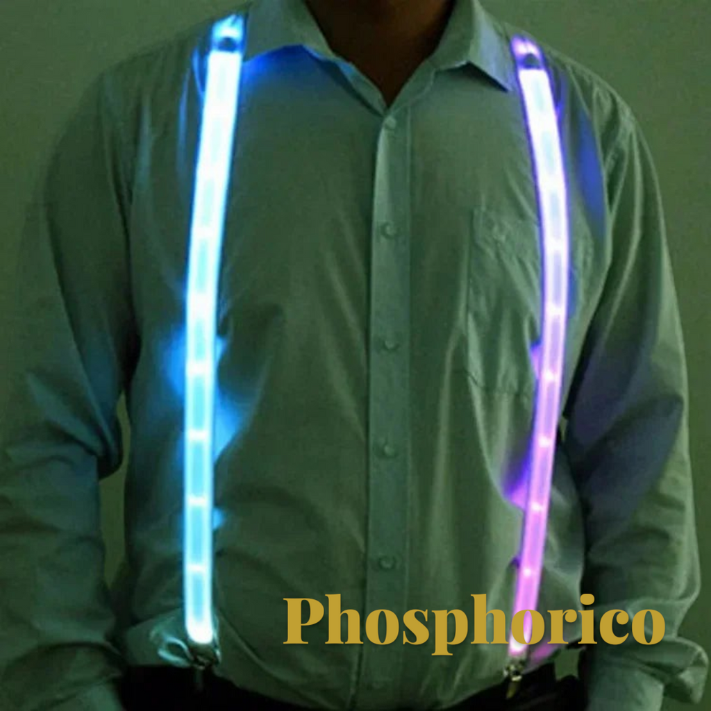 Gr8est Phosphorico LED light-up suspenders in blue and purple, worn over a light shirt for raves and parties.