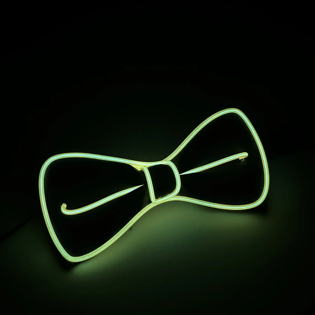 Gr8est Phosphorico LED light-up bow tie in glowing neon green against a dark background for parties and raves