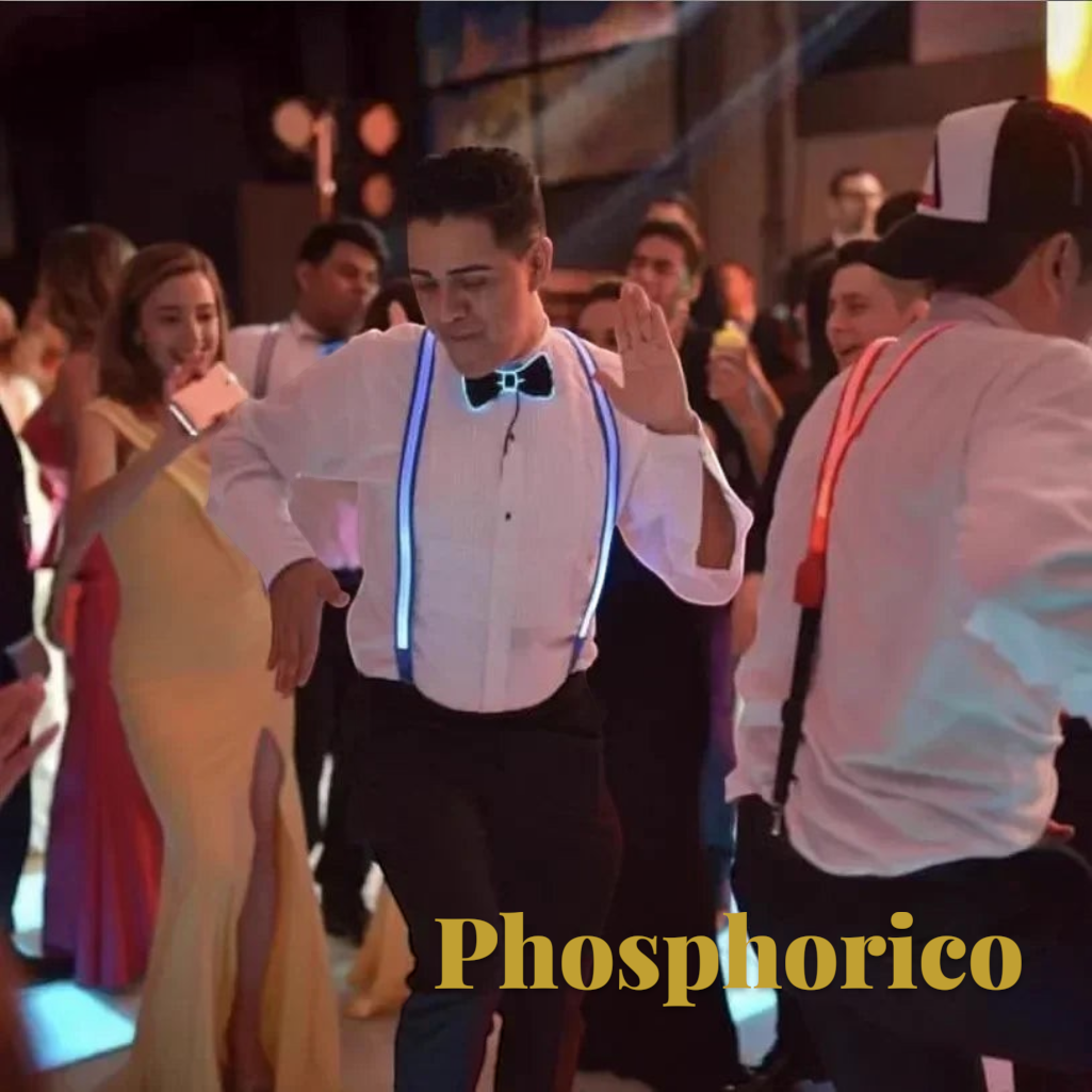 Gr8est Phosphorico LED light-up suspenders and bow tie worn by a man dancing at a party with glowing blue light modes.
