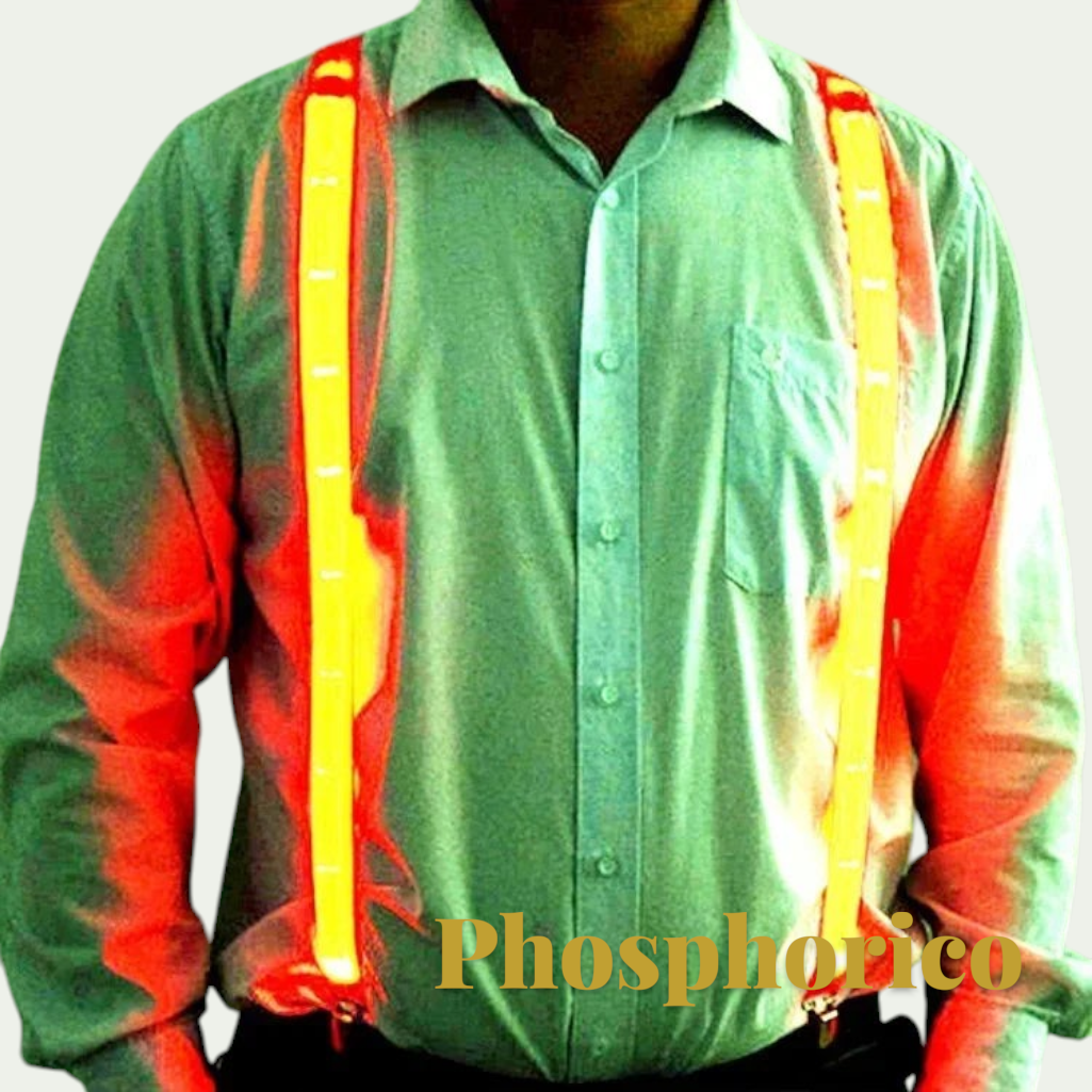 Gr8est Phosphorico LED light-up suspenders in bright orange glowing on a person wearing a green button-down shirt