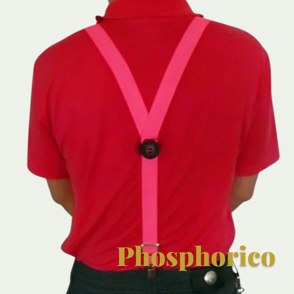 Gr8est Phosphorico pink LED light-up suspenders worn over a red shirt, featuring a battery pack and microfiber straps.