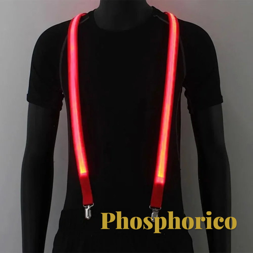 Gr8est Phosphorico red LED light-up suspenders worn on a mannequin for raves and parties