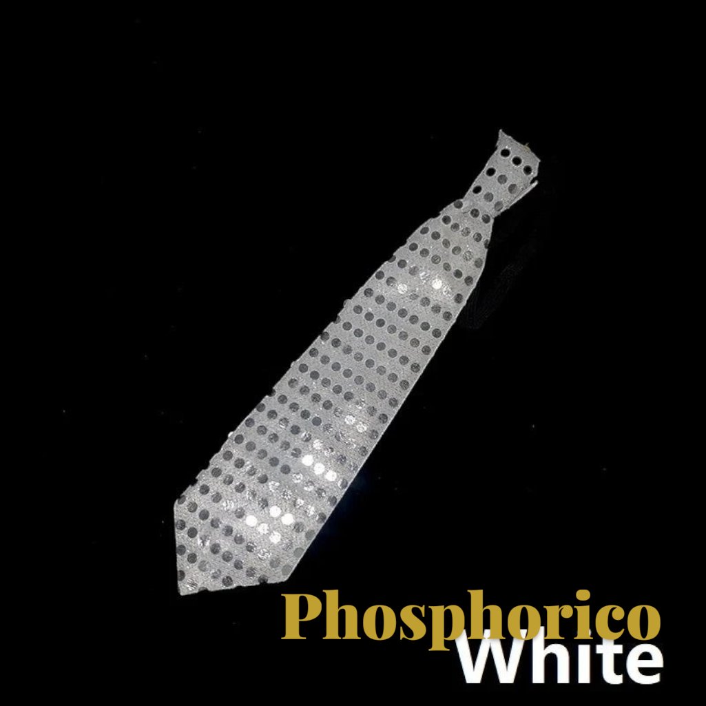 Gr8est Phosphorico white LED light-up necktie with a reflective sequin-style pattern for parties and raves
