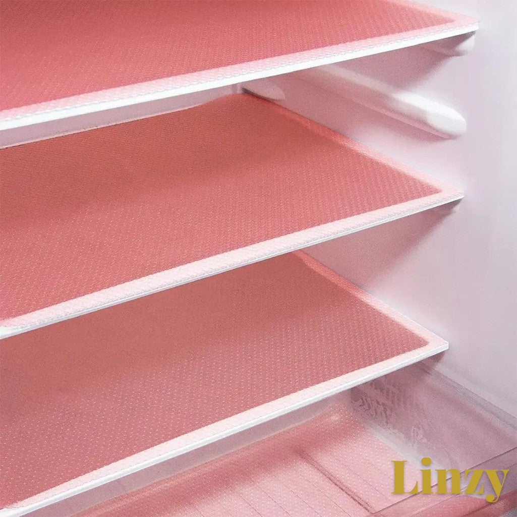 Gr8est pink EVA waterproof fridge shelf liner mats with a textured surface for kitchen organization and protection.