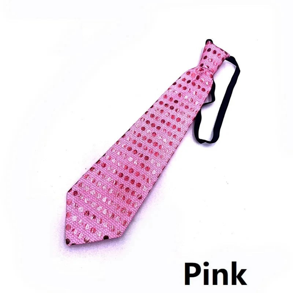 Gr8est pink sequin necktie with a black elastic strap for parties and raves