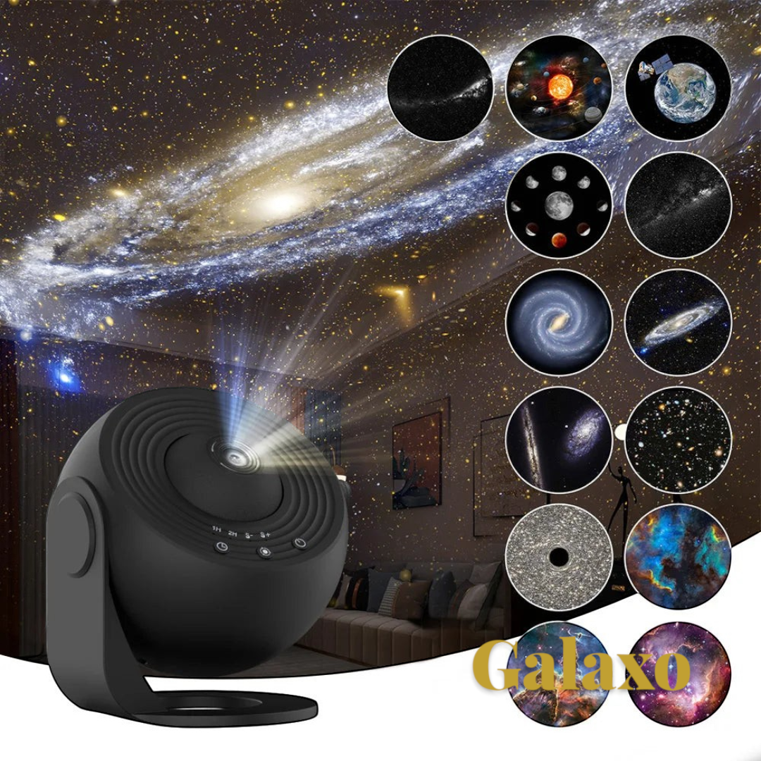 Gr8est 13-in-1 planetarium galaxy projector in black, displaying various space scenes on a bedroom ceiling.