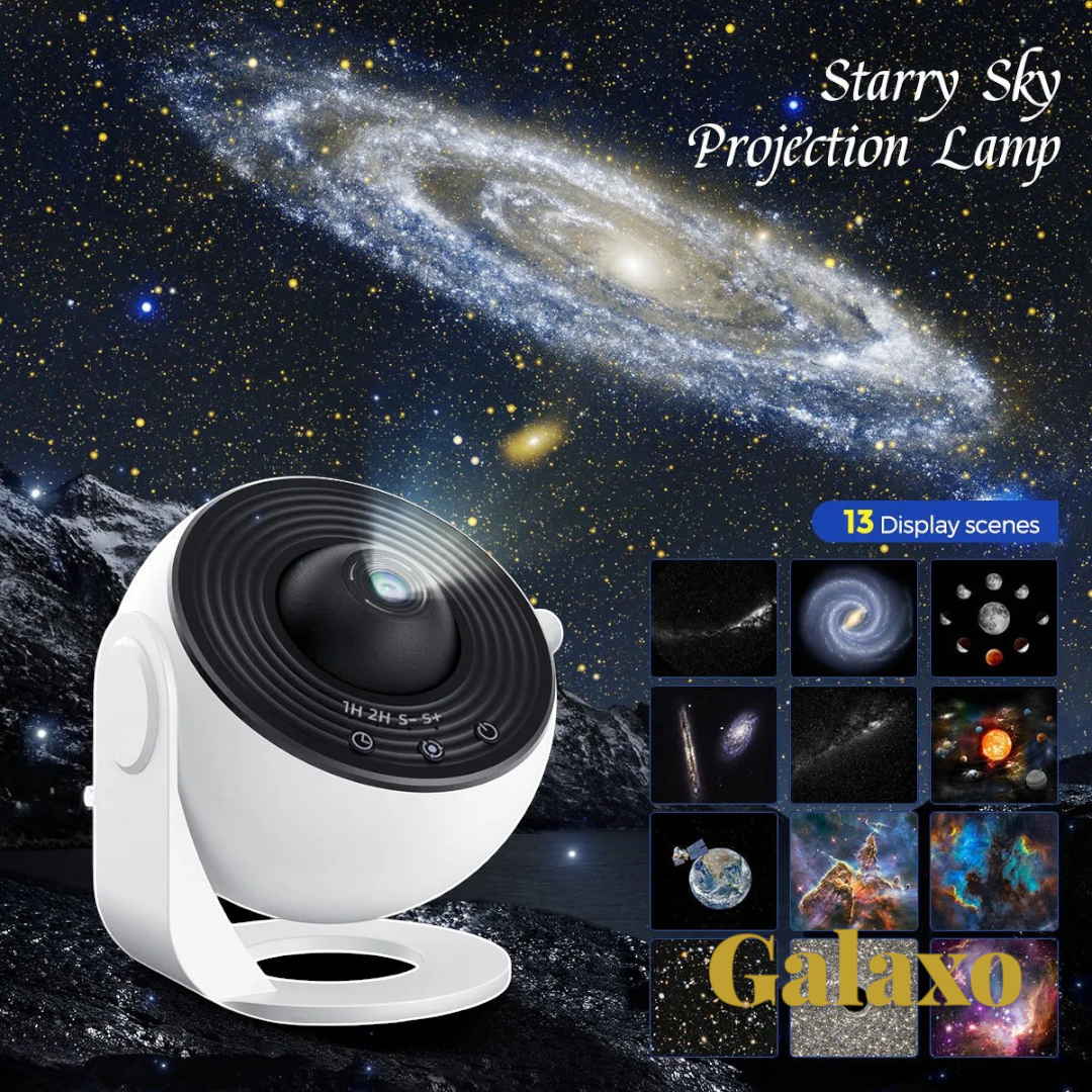 Gr8est 13-in-1 planetarium galaxy projector with white spherical body, adjustable focus lens, and 13 cosmic display scenes.