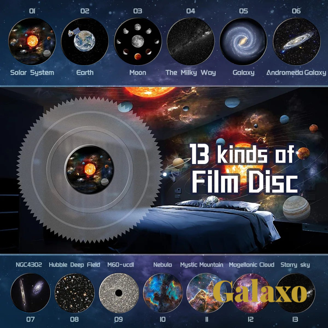 Gr8est 13-in-1 planetarium star projector showing various space film discs including galaxies and solar system scenes
