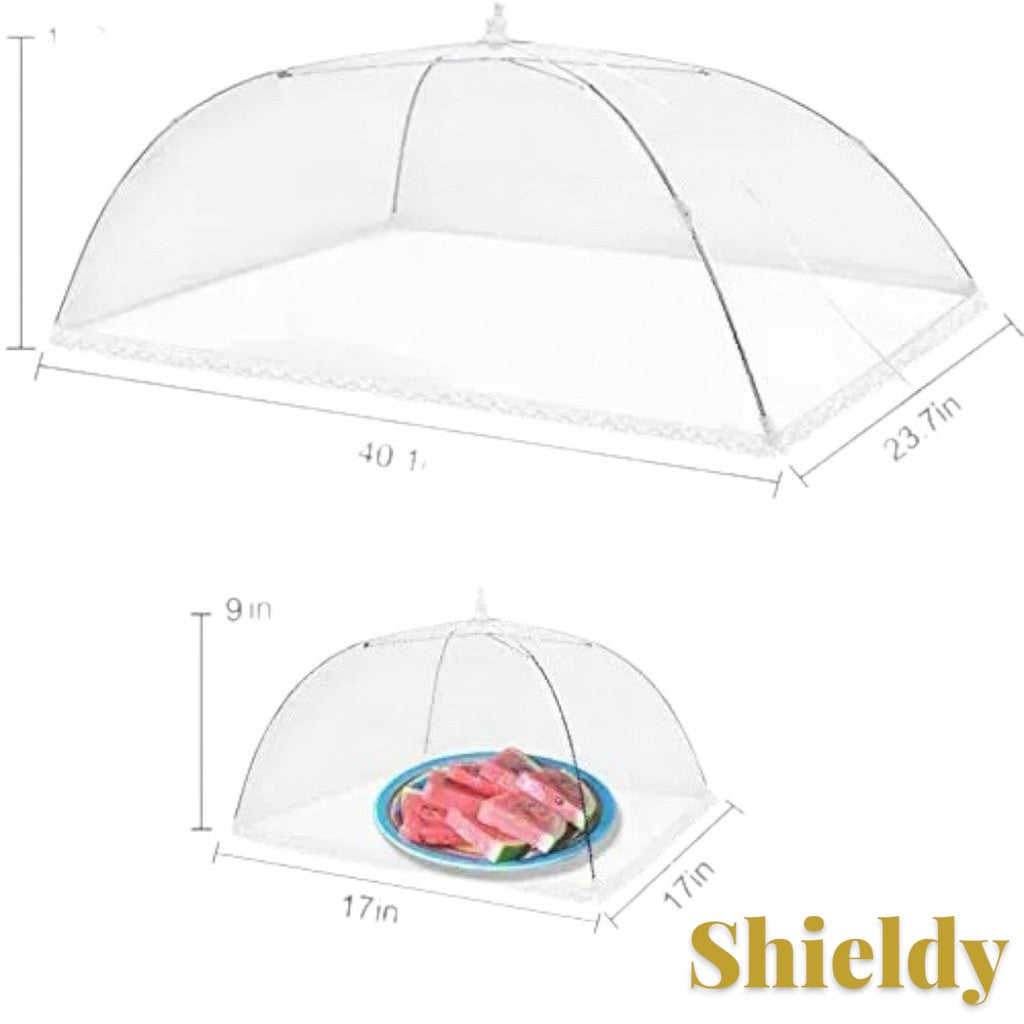Gr8est pop-up food mesh cover showing dimensions for large and small sizes protecting a plate of watermelon slices.