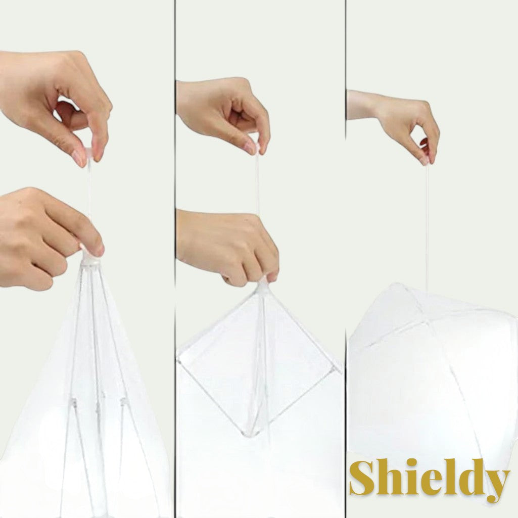 Gr8est white pop-up food mesh cover showing three steps to open the umbrella-style insect protector for outdoor dining.