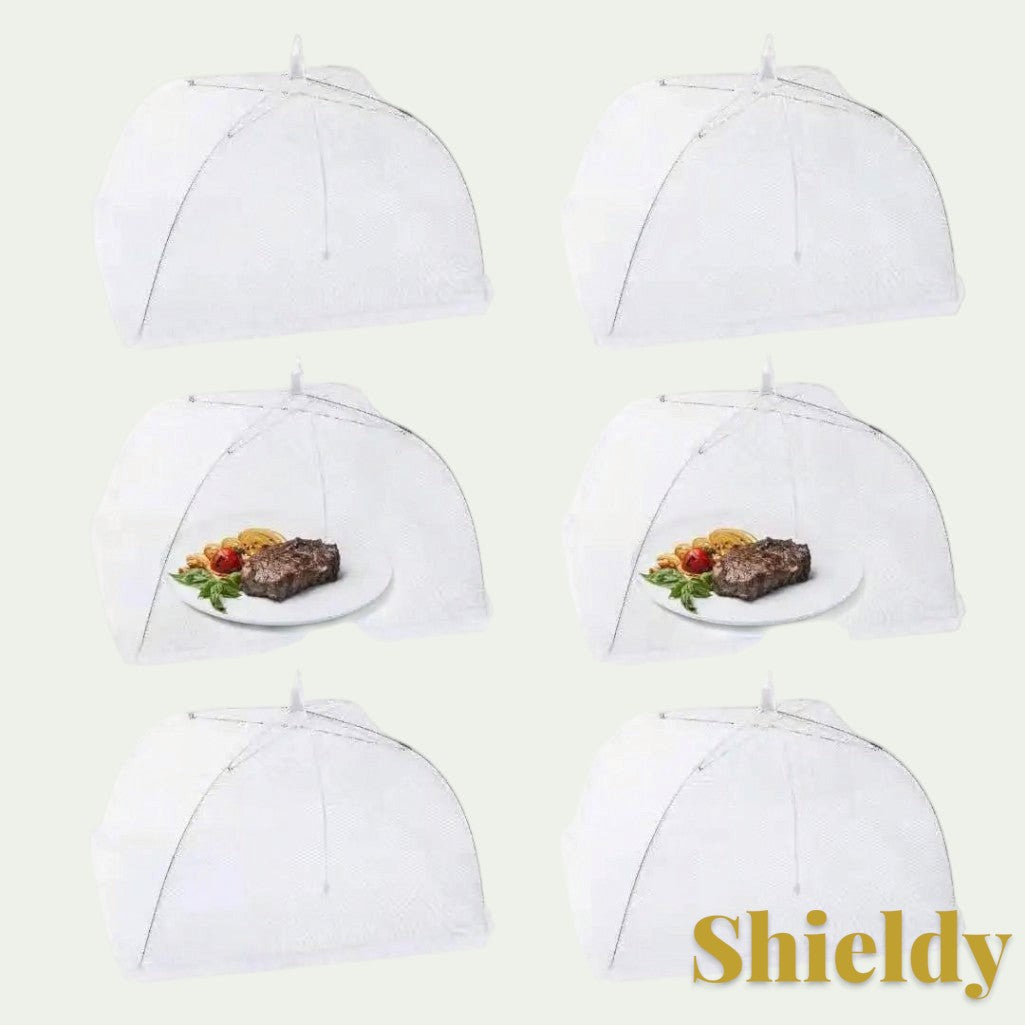 Gr8est pop-up food mesh covers in white, designed to protect meals from insects during outdoor picnics or dining.