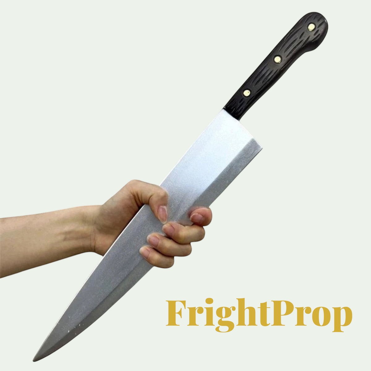 Gr8est FrightProp soft PU rubber kitchen knife costume prop held in a hand for Halloween cosplay.