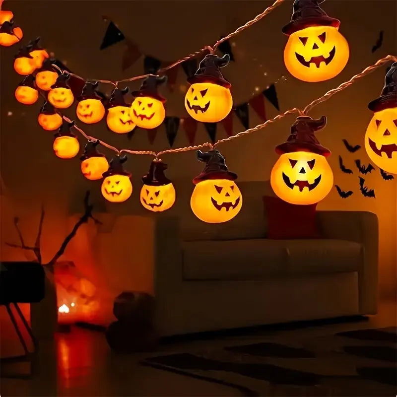 Gr8est HexGlow battery-powered string lights featuring 10 warm white pumpkin faces wearing witch hats for Halloween