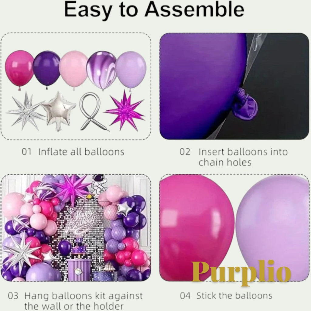 Gr8est Purplio hot pink and purple balloon garland arch kit assembly instructions with latex balloons and star shapes