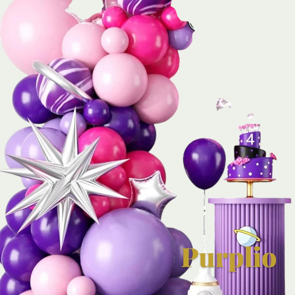 Gr8est Purplio hot pink and purple balloon garland arch kit with star-shaped balloons and a matching party cake