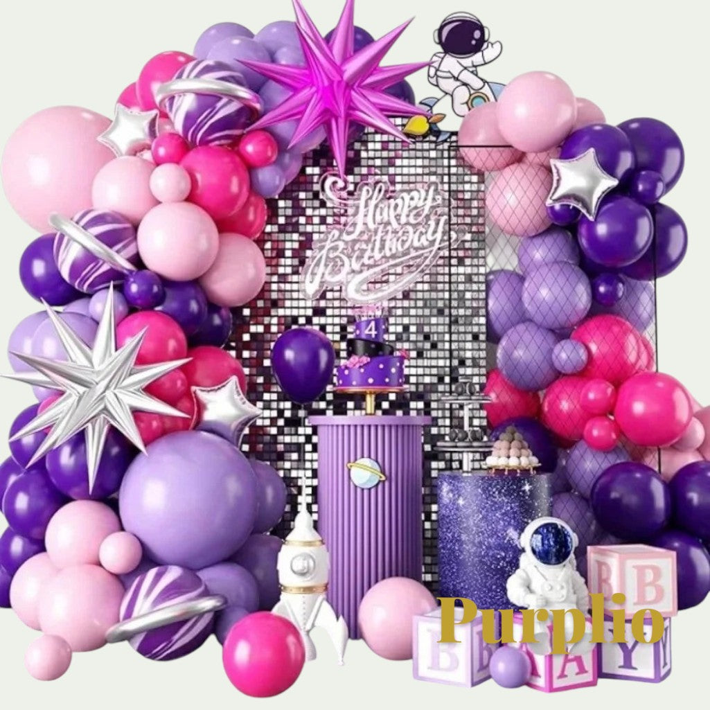 Gr8est Purplio hot pink and purple balloon garland arch kit with star and planet balloons for space-themed parties