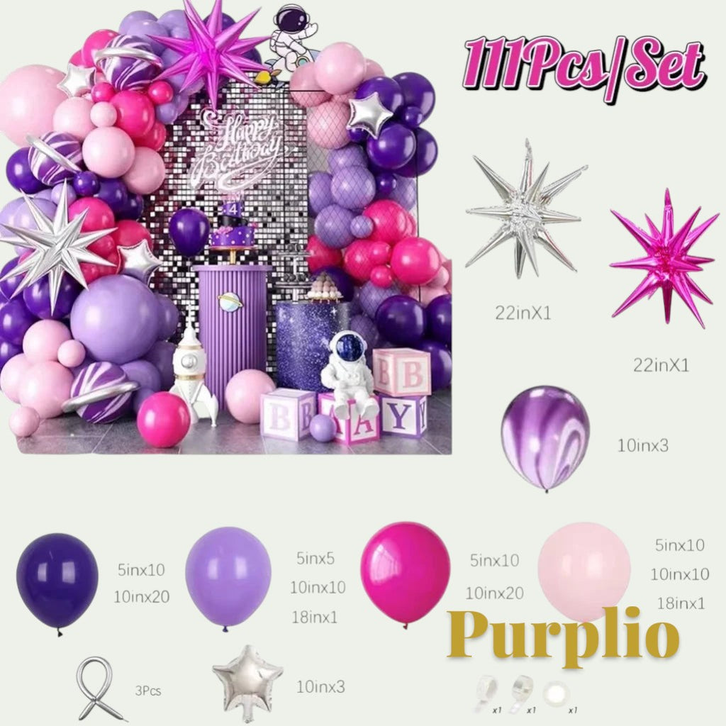 Gr8est Purplio 113-piece hot pink and purple balloon garland kit with star-shaped balloons for party decorations.