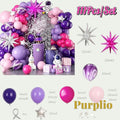 Gr8est Purplio 113-piece hot pink and purple balloon garland kit with star-shaped balloons for party decorations.