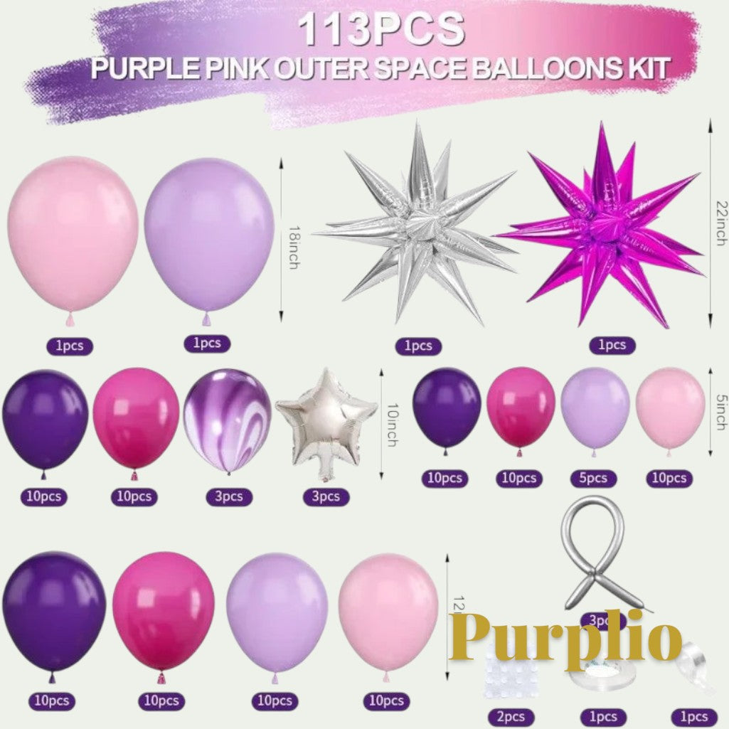 Gr8est Purplio 113-piece hot pink and purple latex balloon garland kit with round and star-shaped balloons