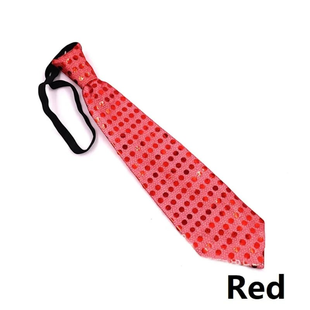 Gr8est red sequin necktie with a polka dot pattern and black elastic neck strap for parties and events