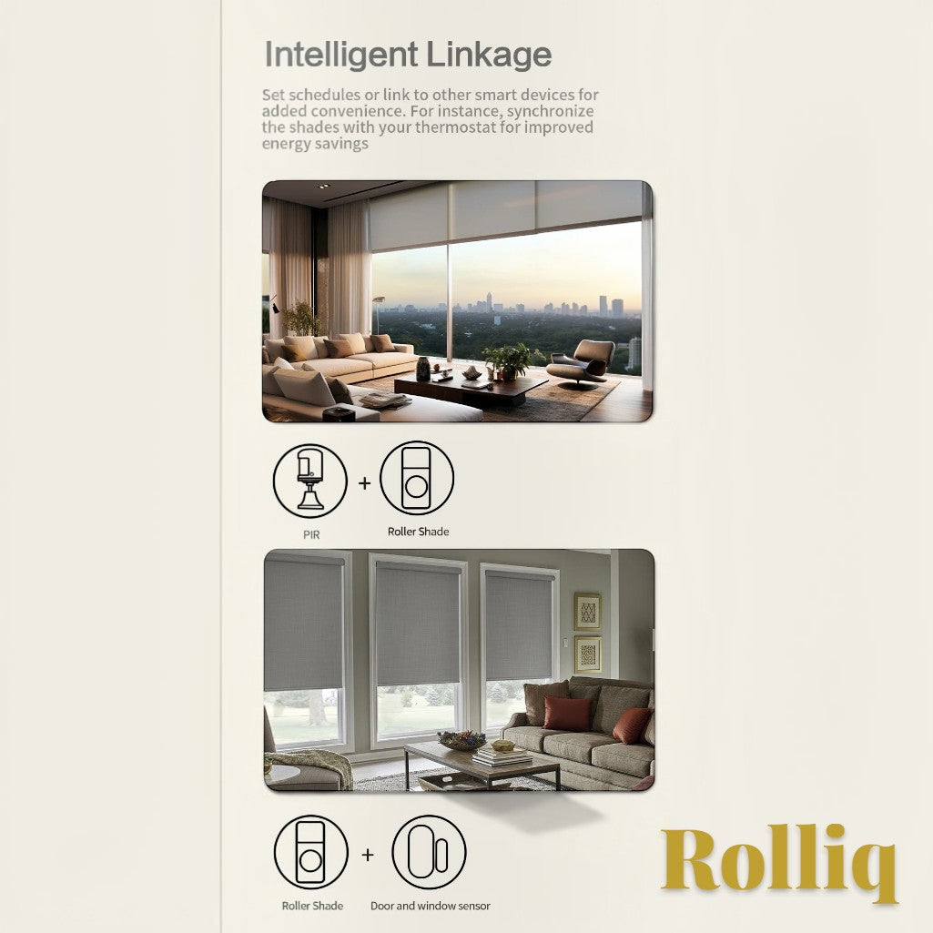 Gr8est Rolliq smart roller shade driver showing automated window shade integration with sensors for home automation