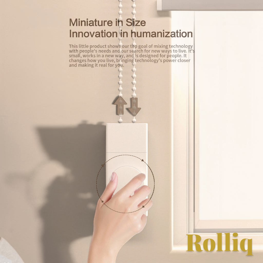Gr8est Rolliq smart roller shade driver with manual knob control installed on a beaded chain for home automation