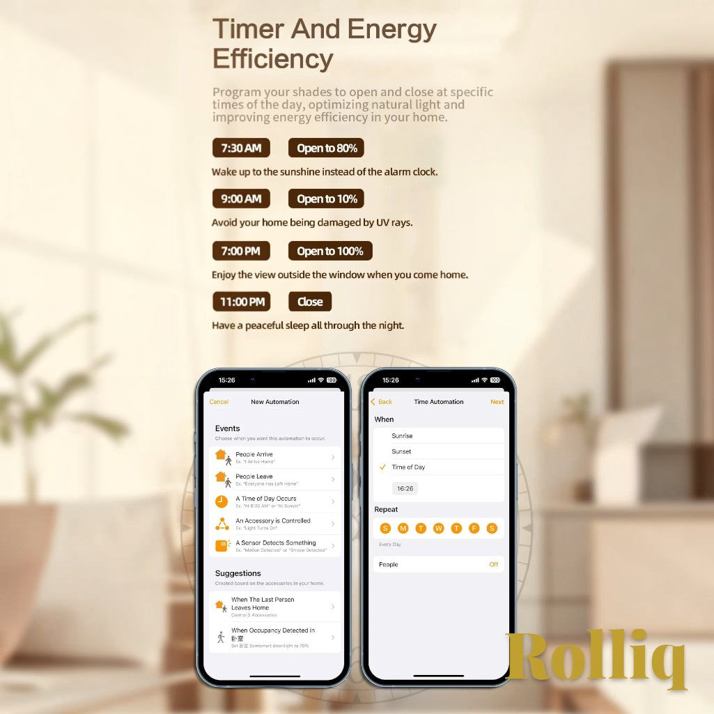 Gr8est Rolliq smart shade automation app interface showing scheduling and energy efficiency settings on smartphones