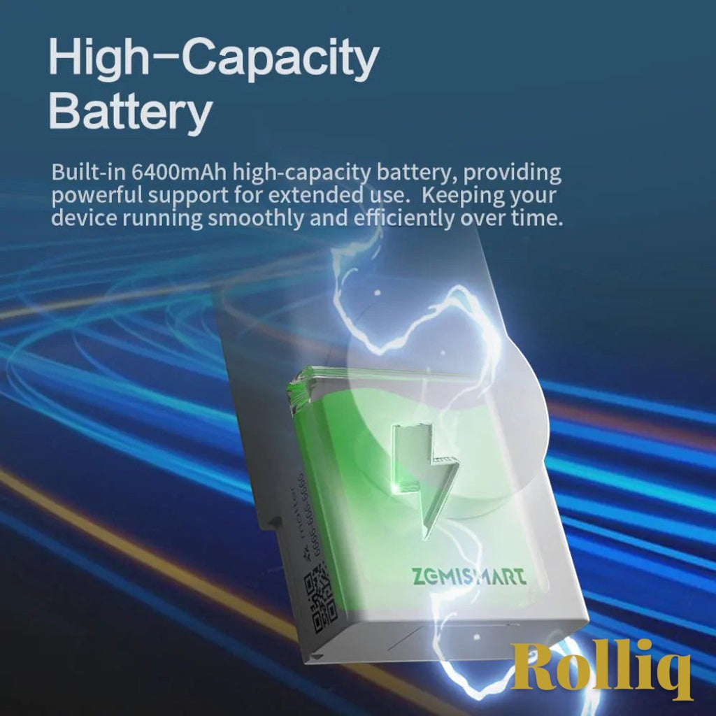 Gr8est Rolliq smart roller shade driver highlighting the built-in 6400mAh battery with a glowing lightning bolt icon