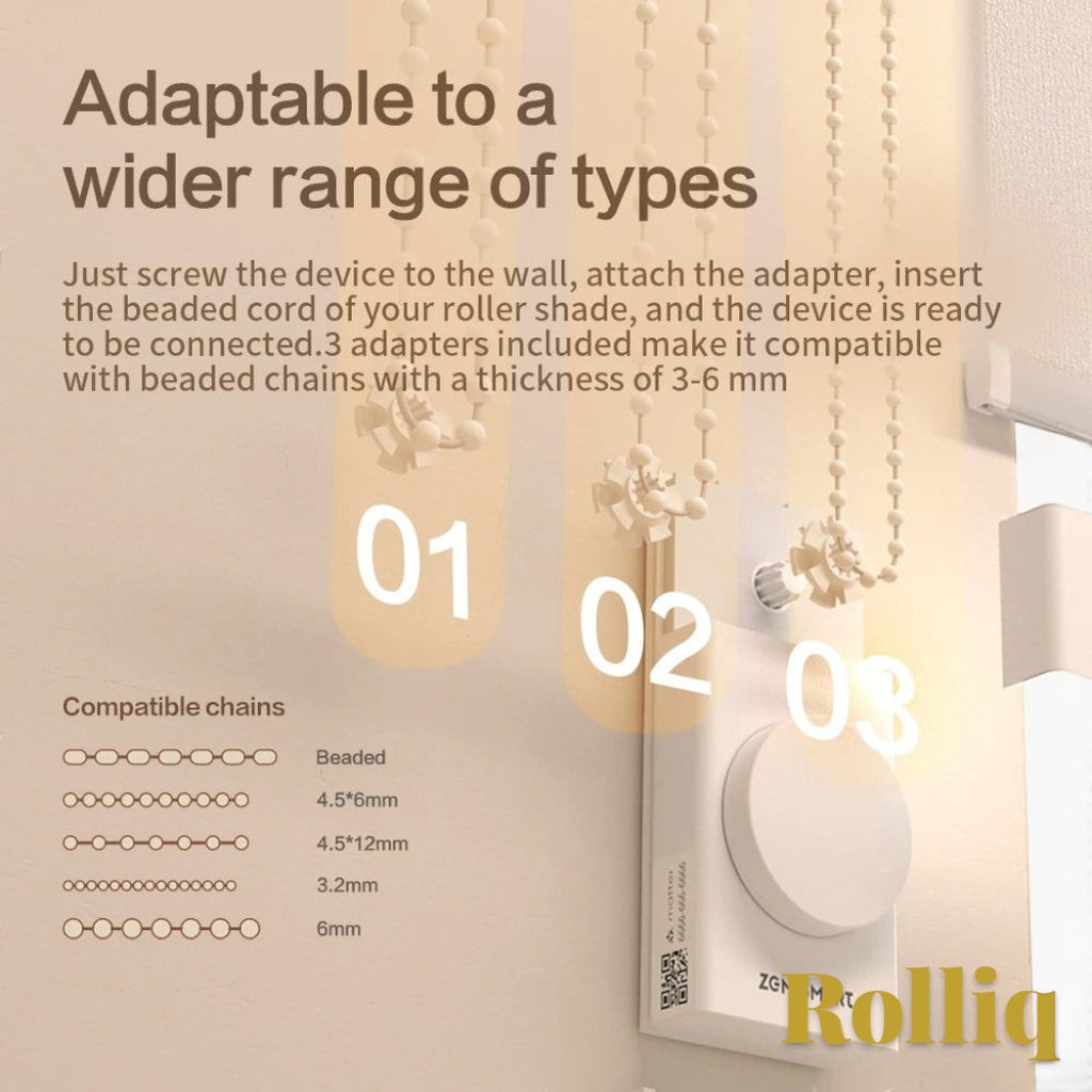 Gr8est Rolliq smart roller shade driver with three interchangeable bead wheels for various chain sizes on a wall