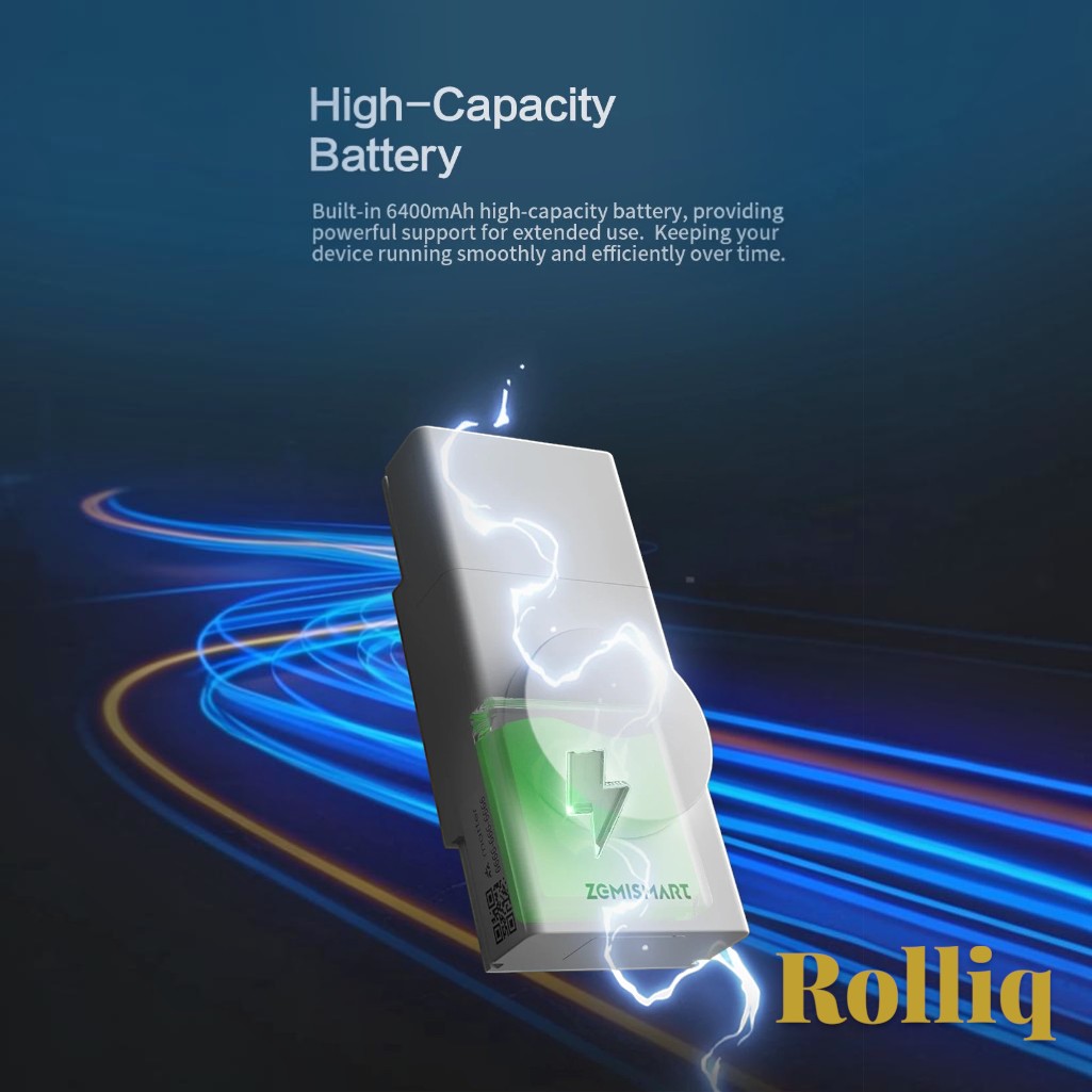 Gr8est Rolliq smart roller shade driver featuring a high-capacity battery with glowing energy effect on dark background