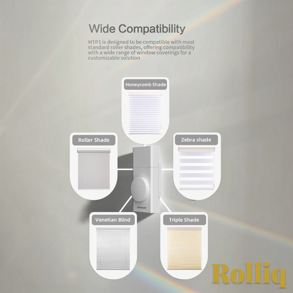 Gr8est Rolliq smart roller shade driver showing compatibility with honeycomb, zebra, venetian, and triple shades.