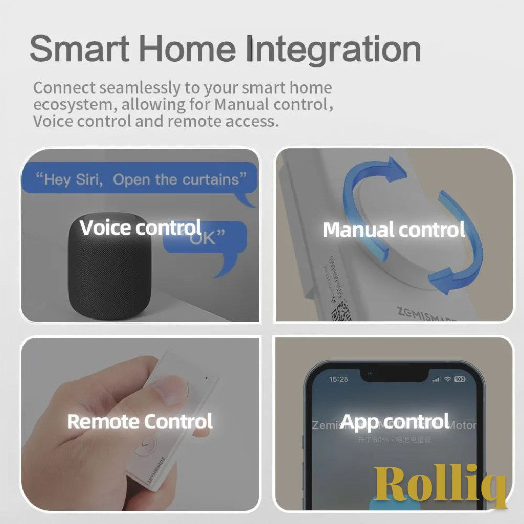 Gr8est Rolliq smart roller shade driver showing voice, manual, remote, and app control options for home automation.