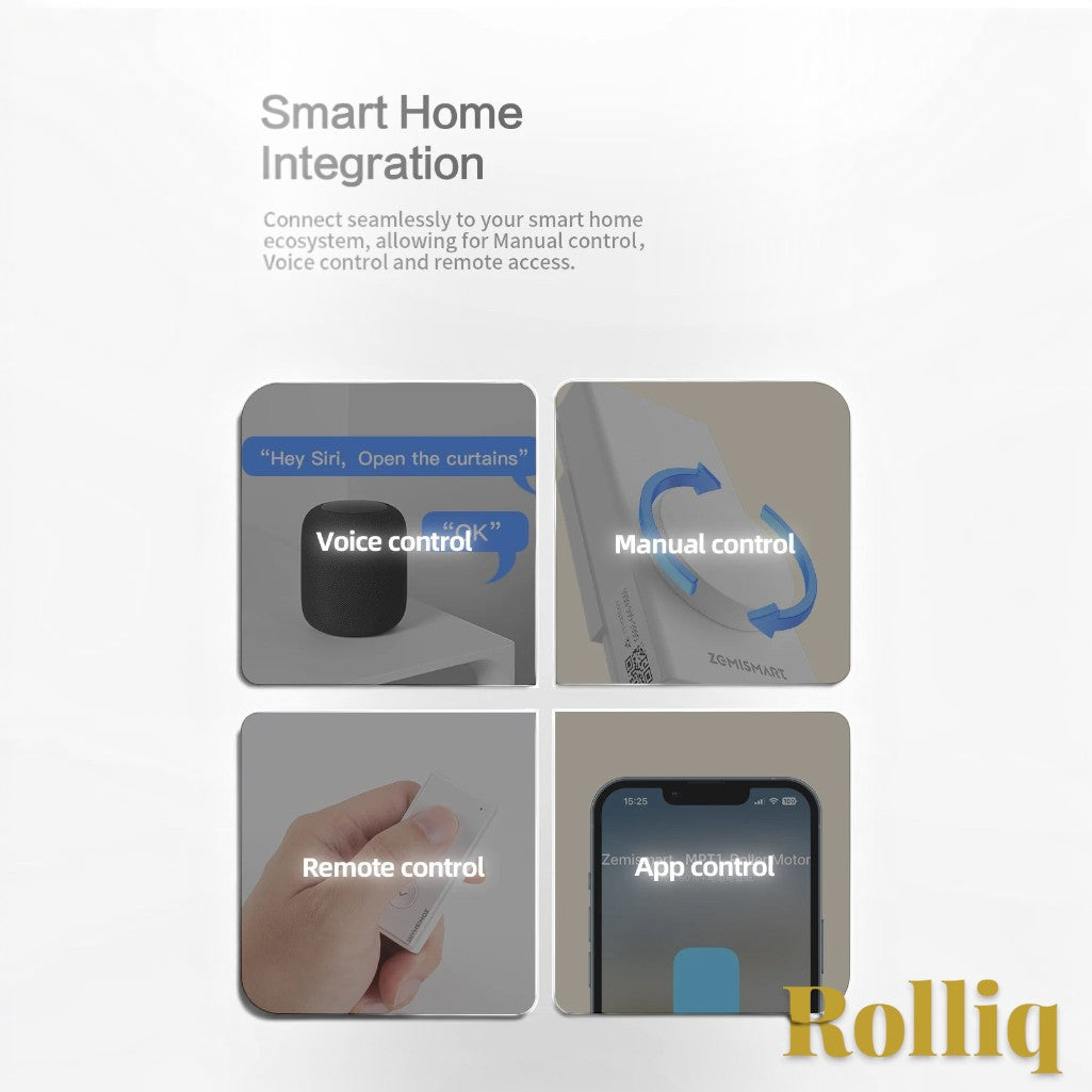 Gr8est Rolliq smart roller shade driver showing voice, manual knob, remote, and app control integration features.