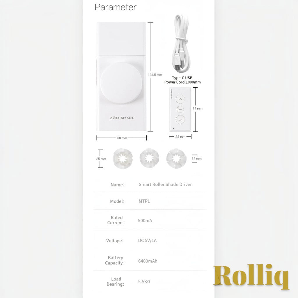 Gr8est Rolliq smart roller shade driver technical diagram showing dimensions, bead wheels, remote, and USB-C cable.
