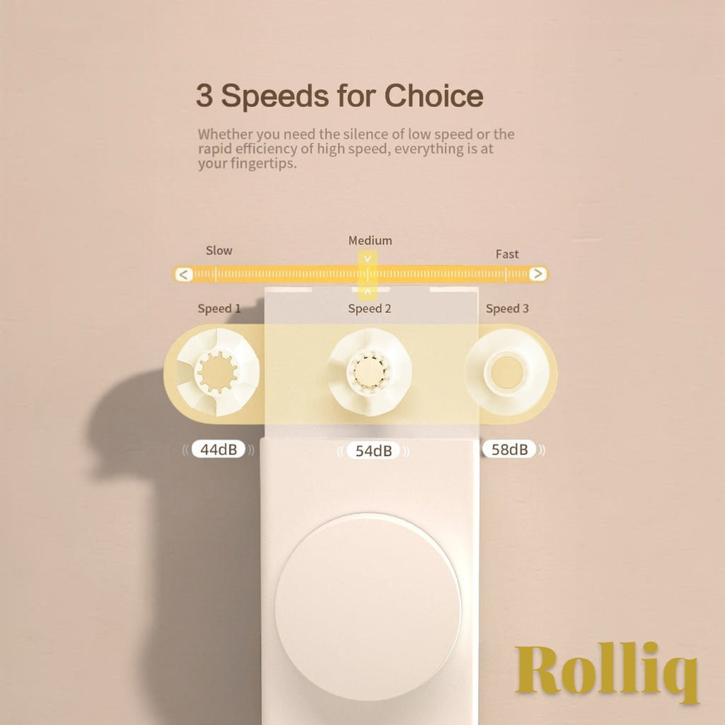 Gr8est Rolliq smart roller shade driver showing three adjustable speed settings with corresponding noise levels