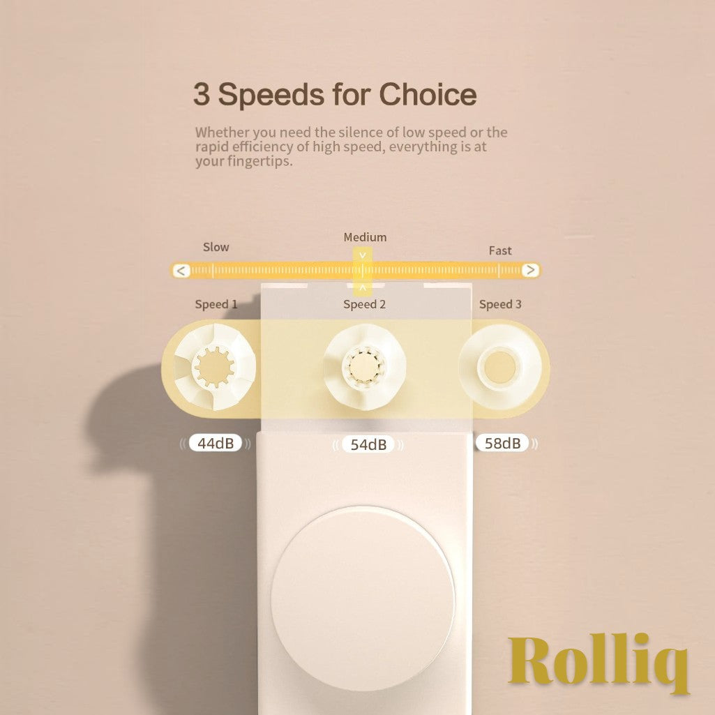 Gr8est Rolliq smart roller shade driver showing three adjustable speed settings with corresponding noise levels