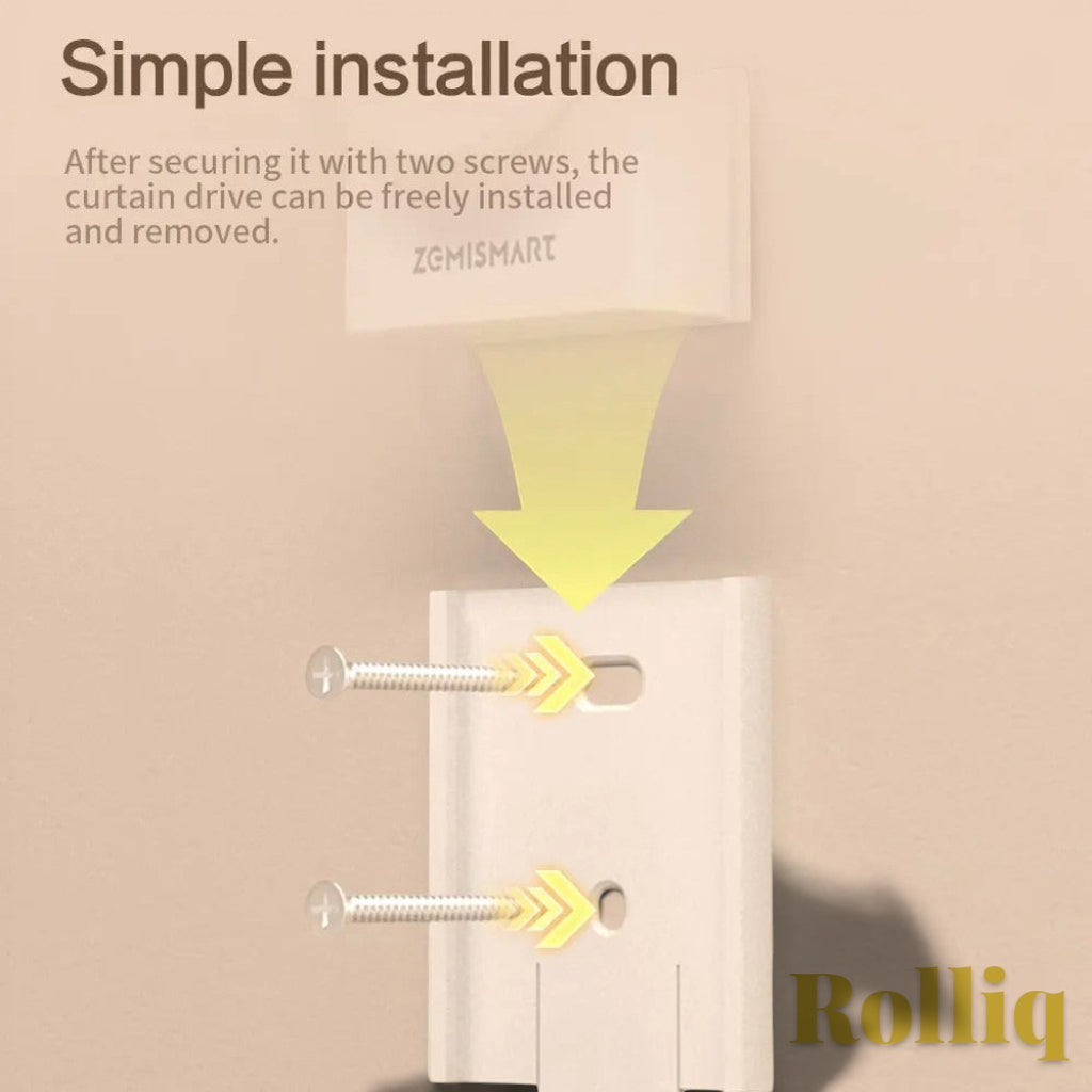 Gr8est Rolliq smart roller shade driver installation guide showing screw mounting process for easy wall setup