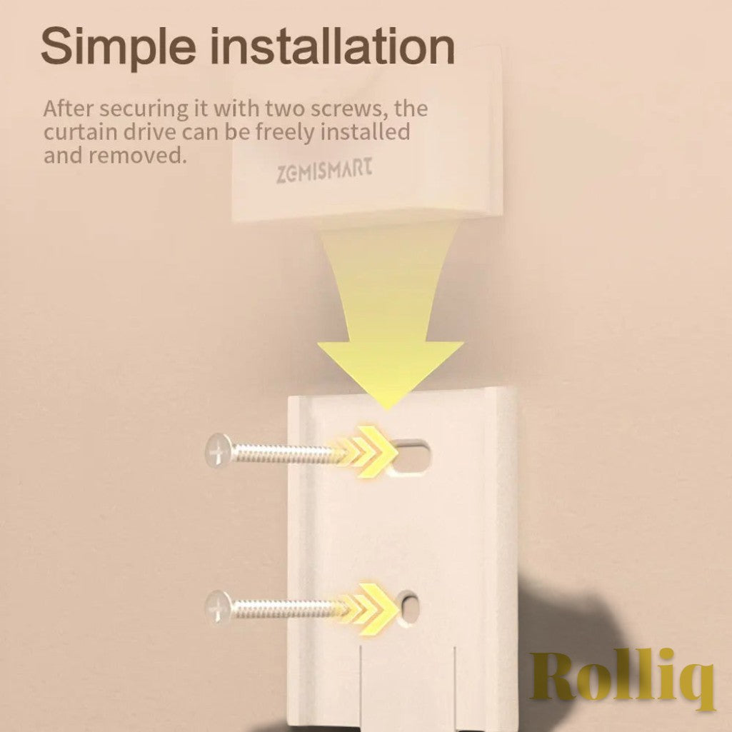 Gr8est Rolliq smart roller shade driver installation guide showing screw mounting process for easy wall setup