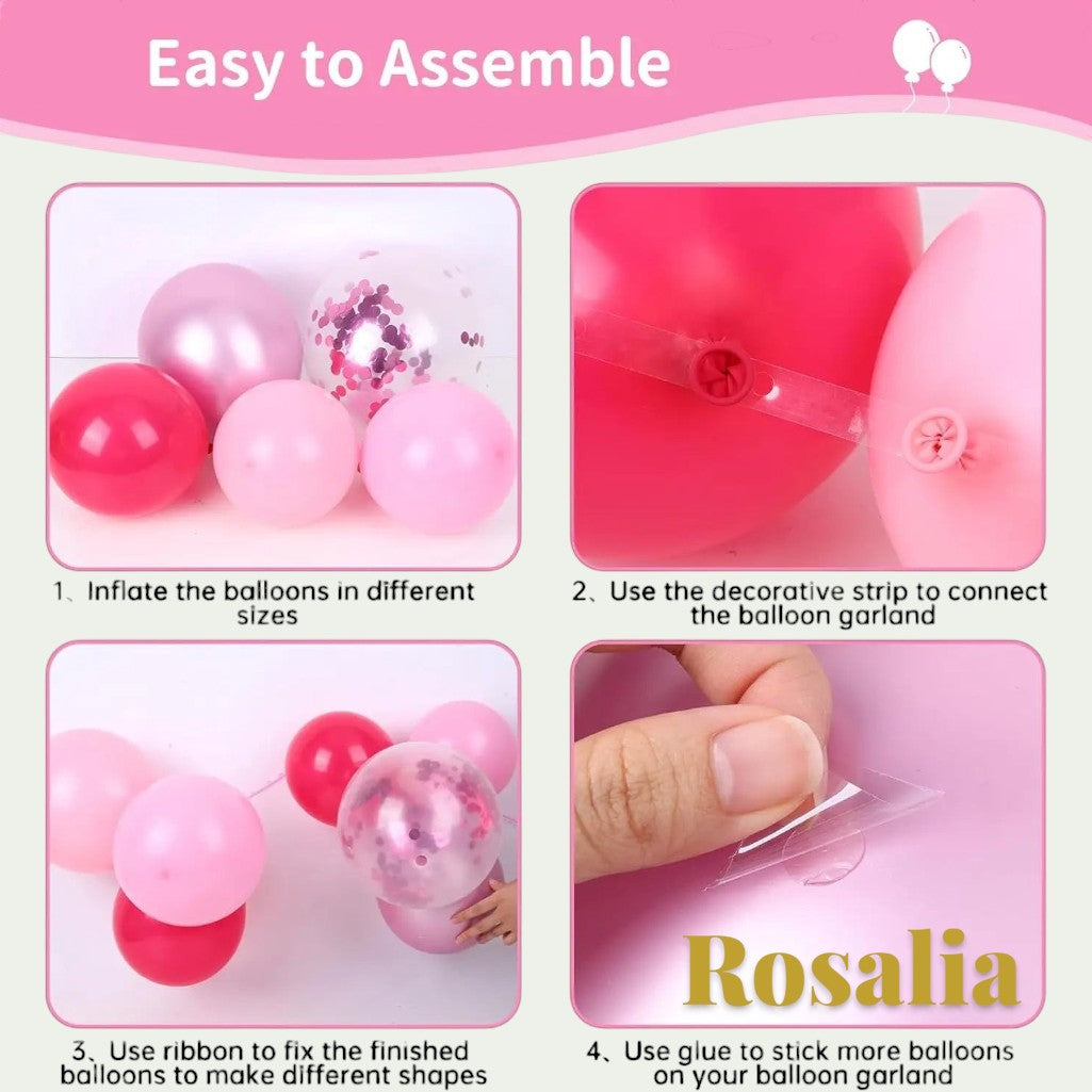Gr8est Rosalia pink balloon arch kit assembly guide showing four steps with latex balloons, decorative strip, and glue.