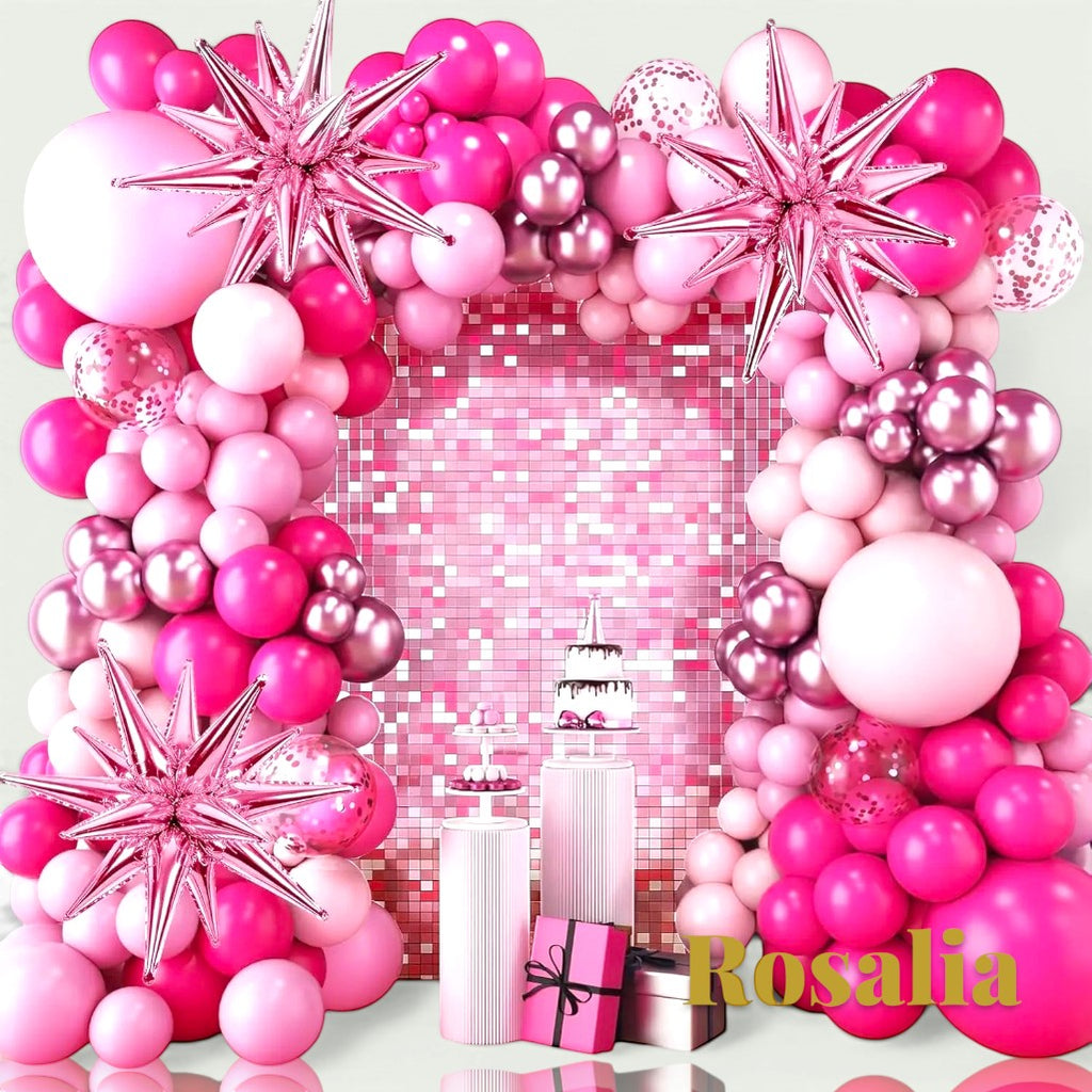 Gr8est Rosalia 140-piece pink balloon arch kit with star and round latex balloons for party decorations.