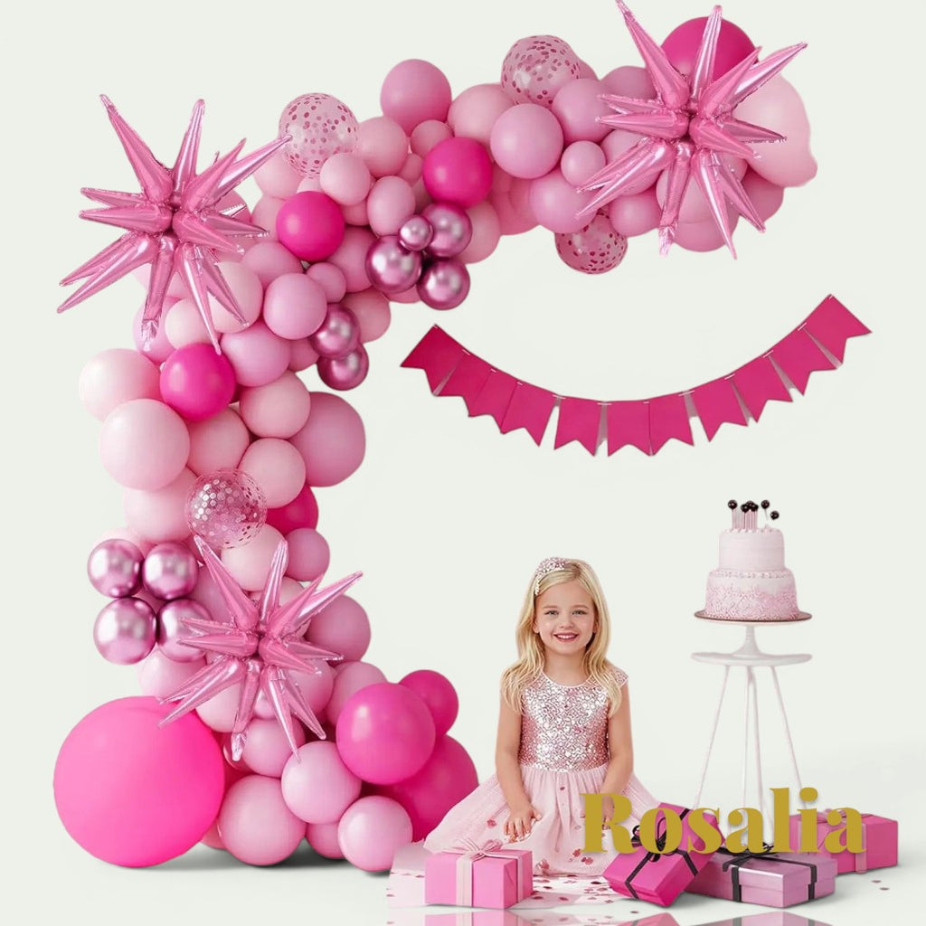 Gr8est Rosalia pink balloon arch kit with round and star-shaped latex balloons for parties and celebrations