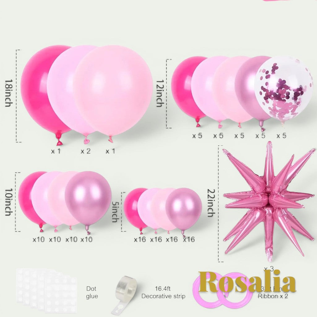 Gr8est Rosalia 140-piece pink latex balloon arch kit with round and star-shaped balloons for party decorations