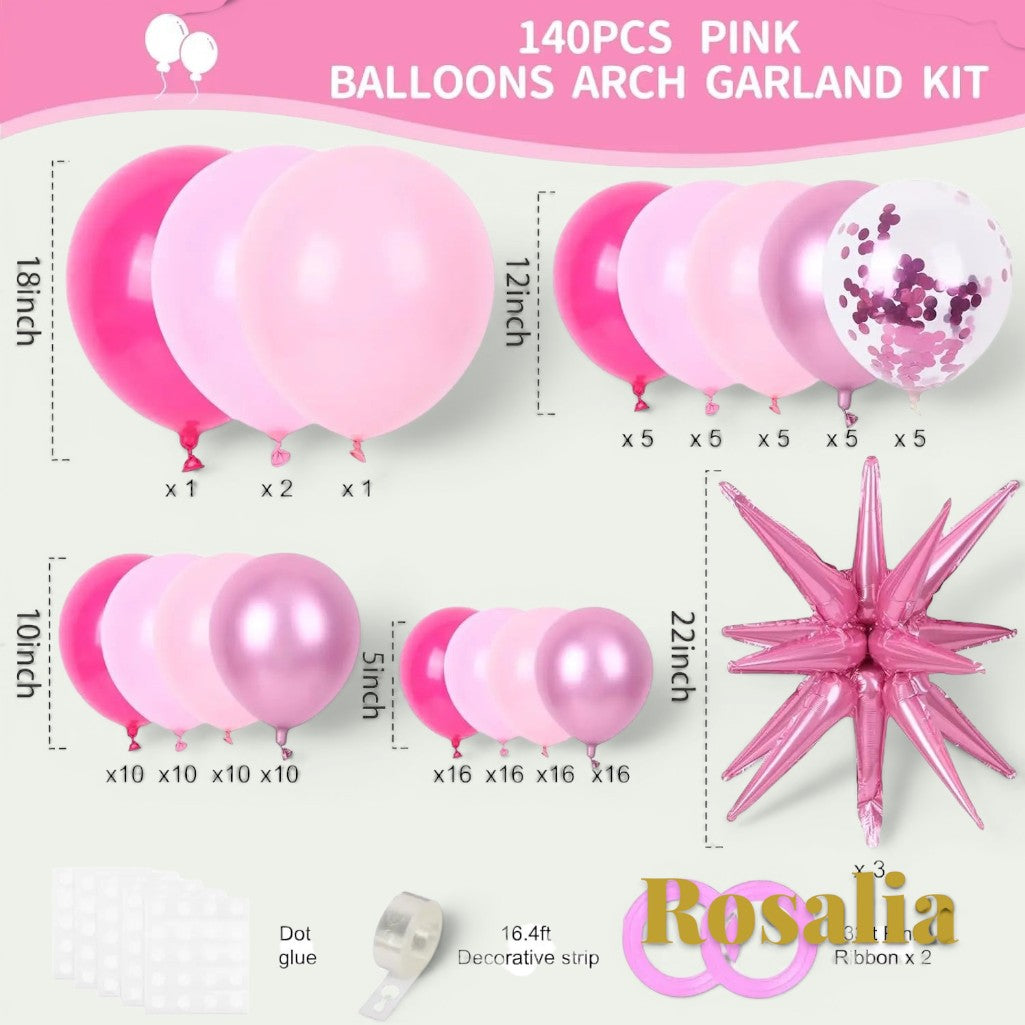 Gr8est Rosalia 140-piece pink balloon arch kit with various sizes of round and star-shaped latex balloons